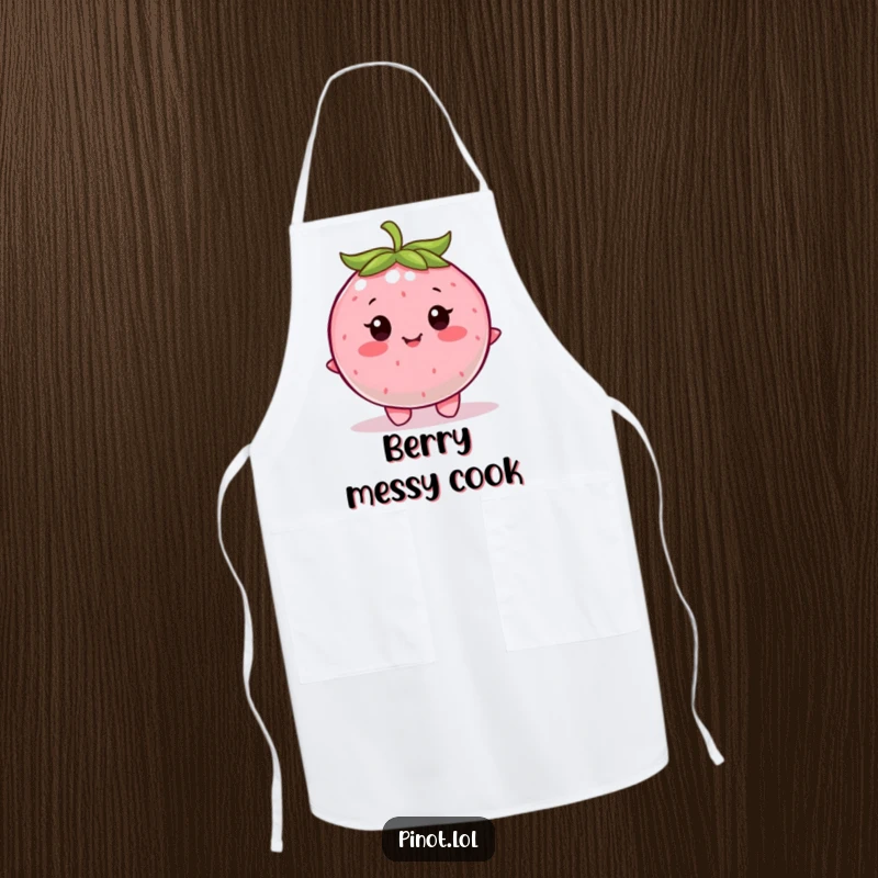 Funny apron showcasing a contented, round berry character with little eyes, happily wiggling during cooking.