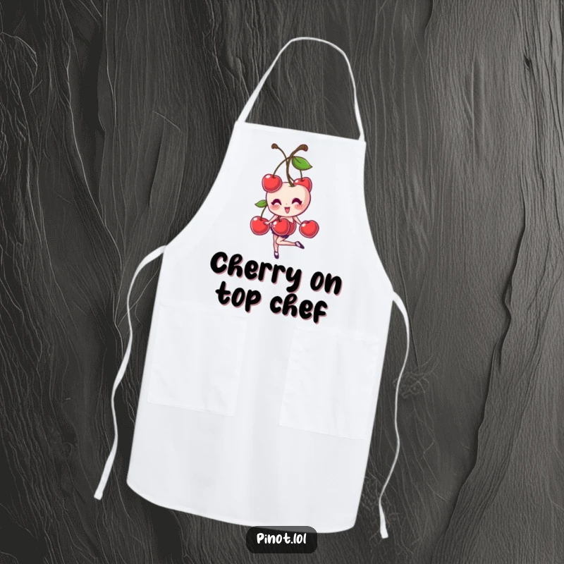 Funny apron featuring a giggling cherry pair character balancing playfully while cooking, bringing a cheerful and humorous vibe to the kitchen.