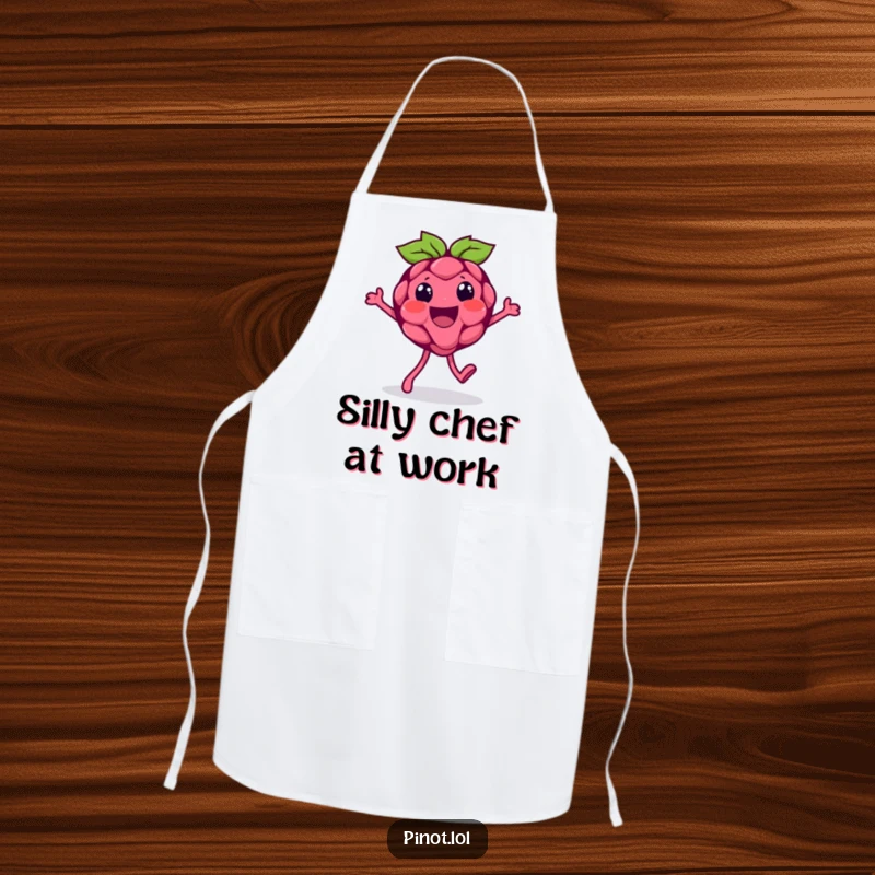 Funny apron featuring a beaming raspberry character doing a silly walk while cooking, bringing a cheerful and humorous vibe to the kitchen.