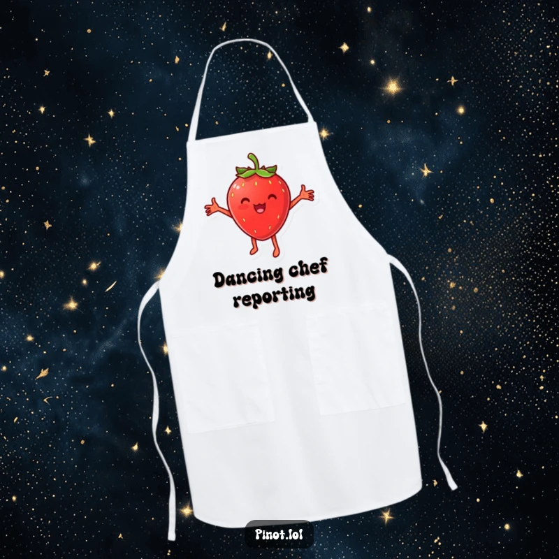 Funny apron featuring a cheesy strawberry character dancing joyfully with arms outstretched, bringing a cheerful and humorous vibe to the kitchen.