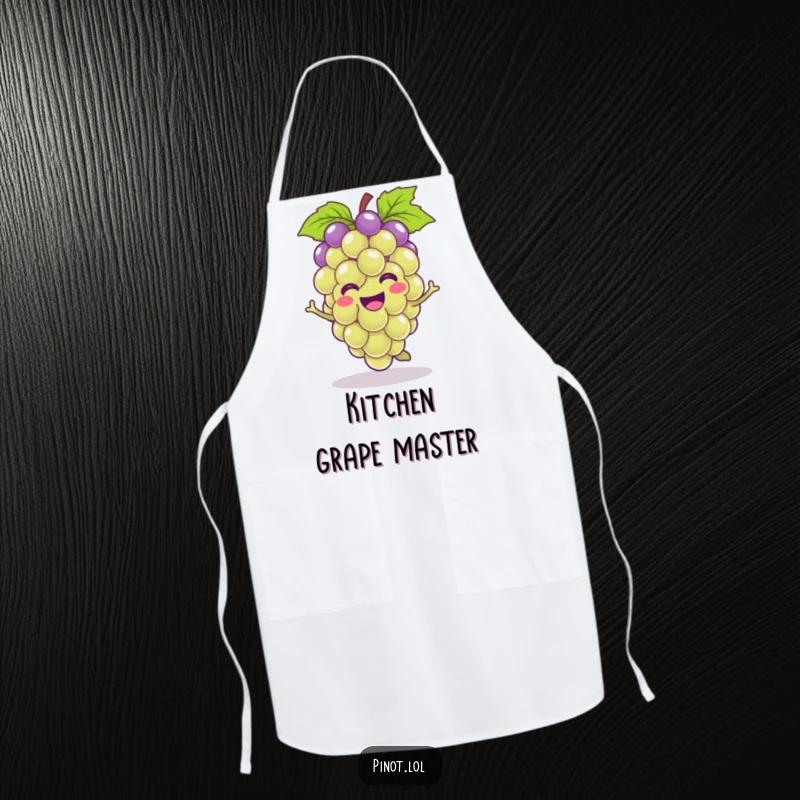 Funny kawaii grape character apron, cheerfully hopping while cooking, a humorous and practical kitchen accessory.