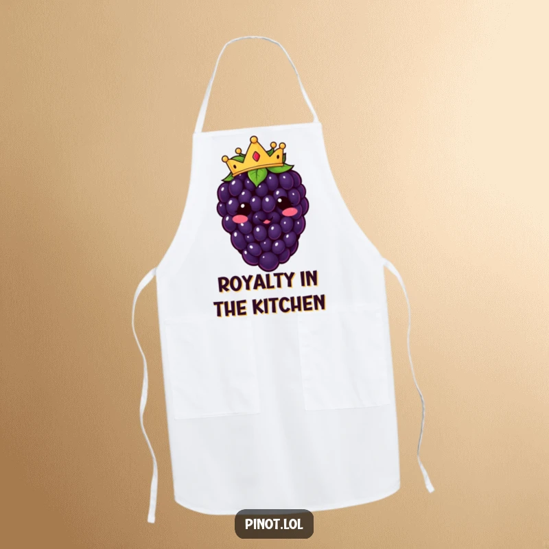Funny kawaii blackberry character apron, royally crowned while cooking, a humorous and practical kitchen accessory.
