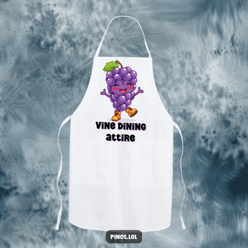Funny apron showcasing a grapes character in tiny boots, enthusiastically hopping while cooking, adding a playful and humorous touch to kitchen tasks.