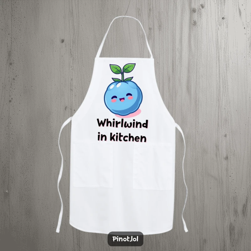 Funny kawaii blueberry character apron, spinning cheerfully while cooking, a humorous and functional kitchen accessory.