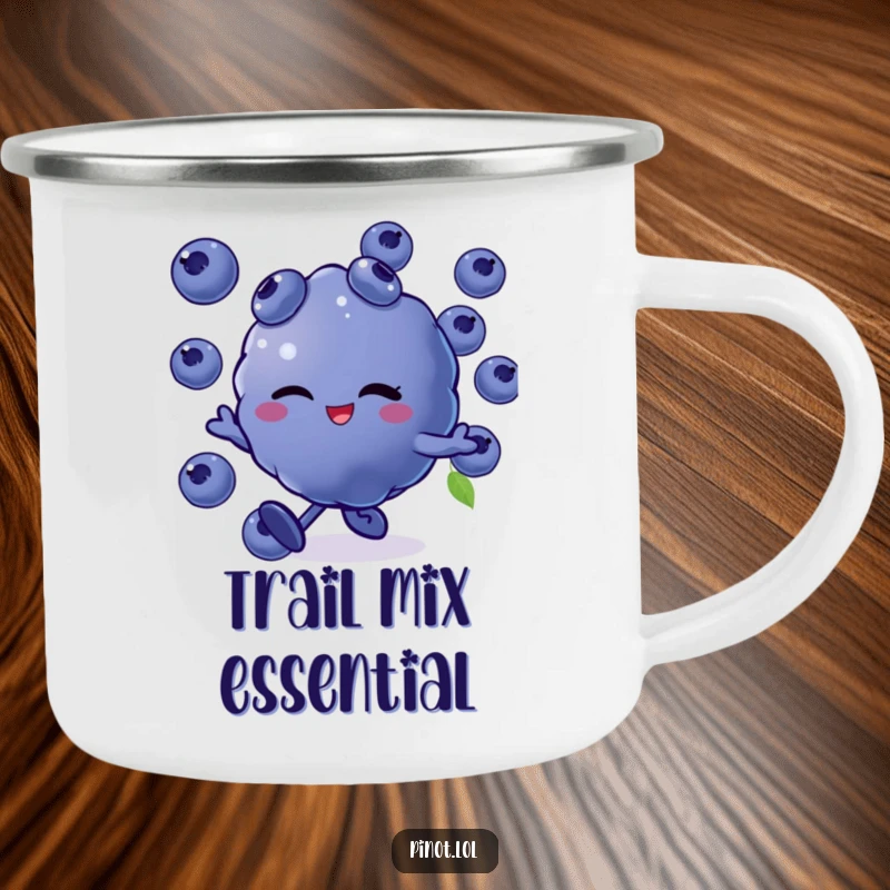 Funny camping mug showing a winking blueberry character skipping energetically, perfect for sipping coffee or tea during outdoor escapades.