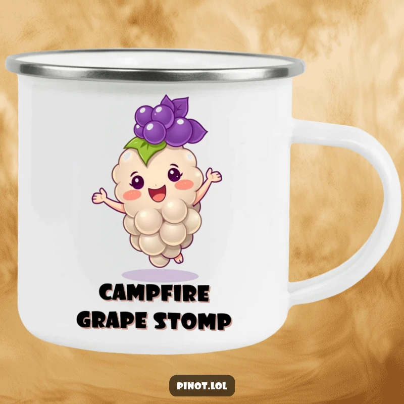 Funny camping mug featuring a cheerful, plump grape character with tiny eyes, dancing with delight.