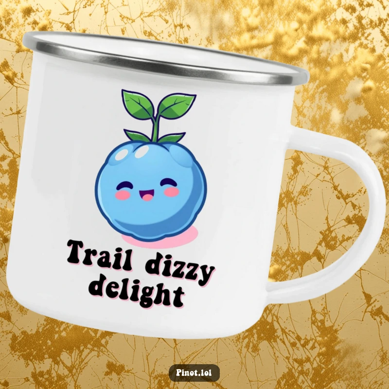 Funny kawaii blueberry character camping mug, spinning with glee, ideal for outdoor sipping and humorous enjoyment.