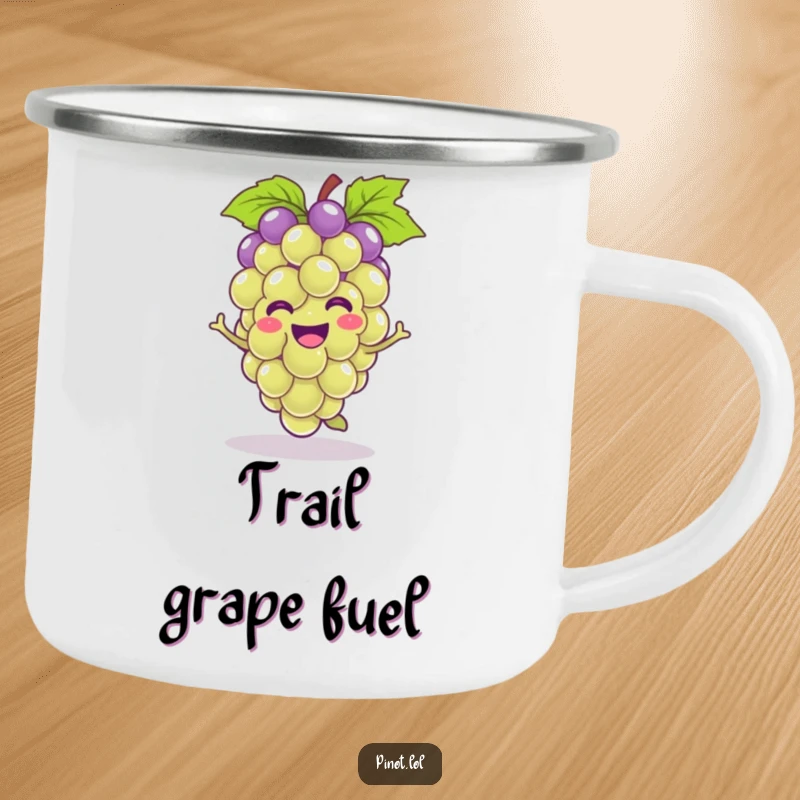 Funny kawaii grape character camping mug, hopping with joy, ideal for outdoor sipping and humorous enjoyment.