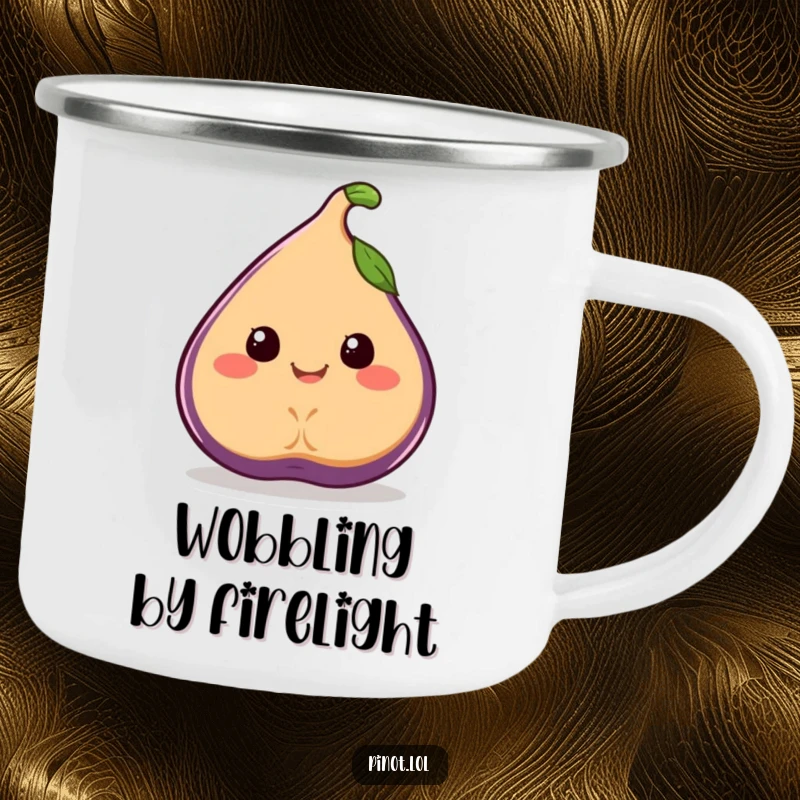 Funny camping mug featuring a smiling, juicy fig character with simple eyes, wobbling joyfully.