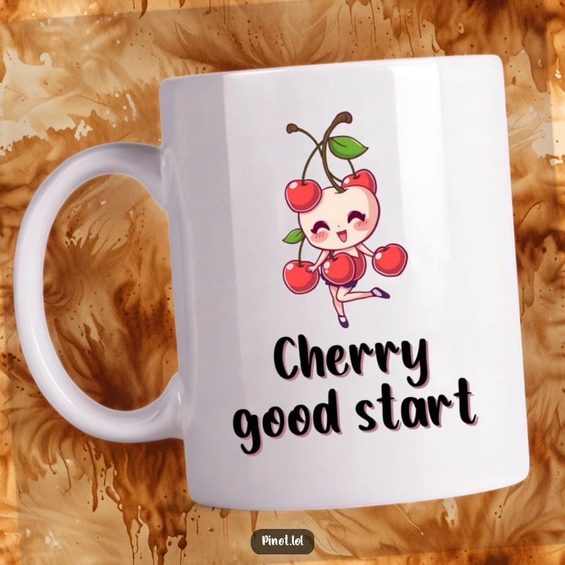 Funny mug showcasing a giggling cherry pair character, humorously balancing on one foot with a joyful, slightly precarious stance.