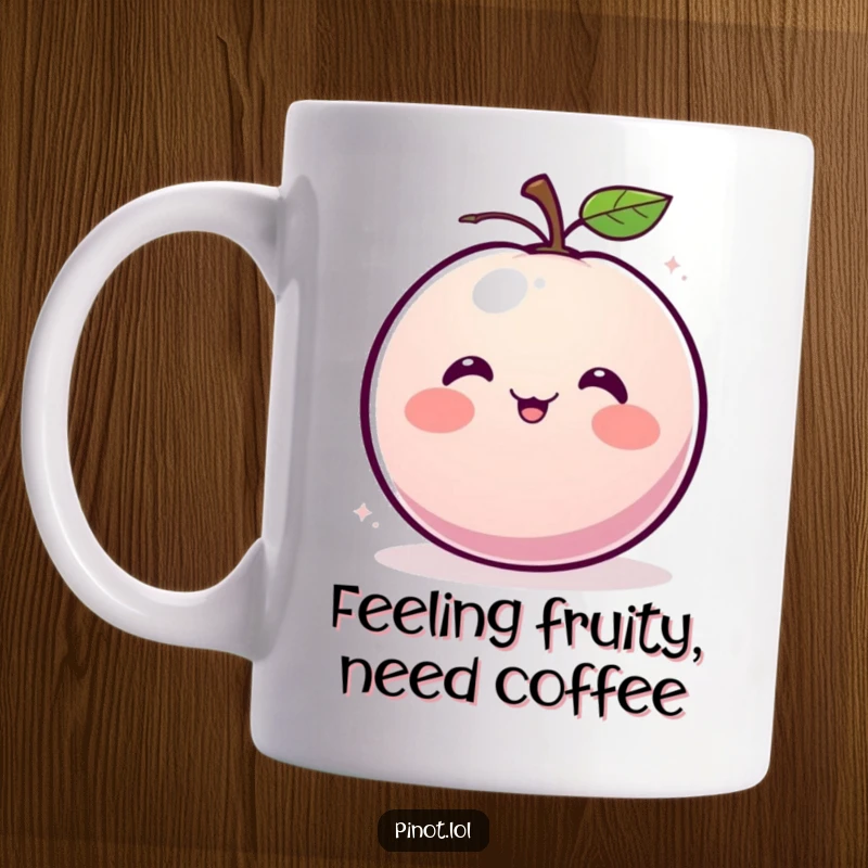 Funny mug featuring a blushing, round plum character with small eyes, giggling and spinning with delight.