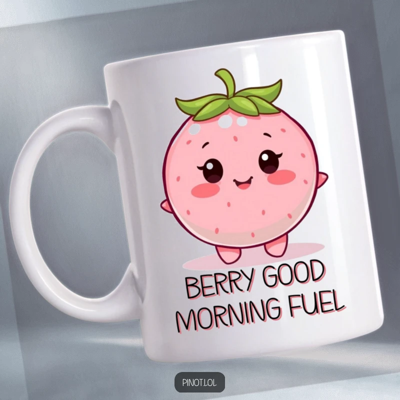 Funny mug featuring a contented, round berry character with little eyes, happily wiggling.
