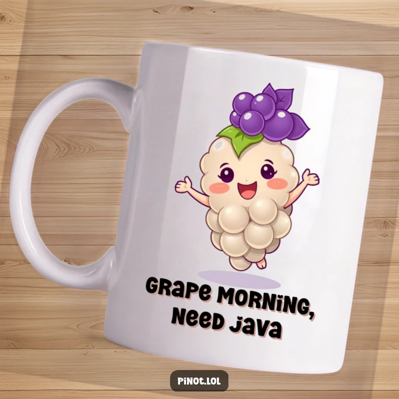 Funny mug featuring a cheerful, plump grape character with tiny eyes, dancing with pure delight.