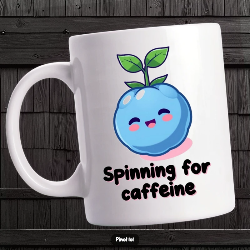 Funny kawaii blueberry character mug, captured mid-spin with happy eyes, perfect for a humorous and cheerful gift.