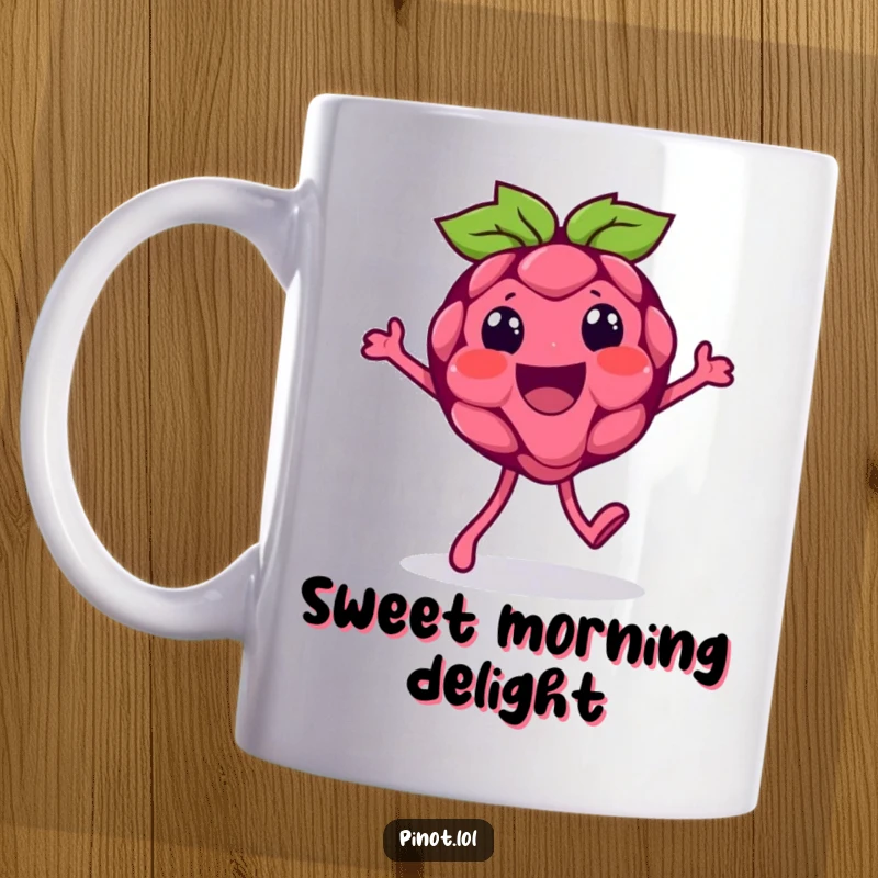 Funny mug showcasing a beaming raspberry character with tiny feet, humorously performing a silly walk with an exaggerated, joyful gait.