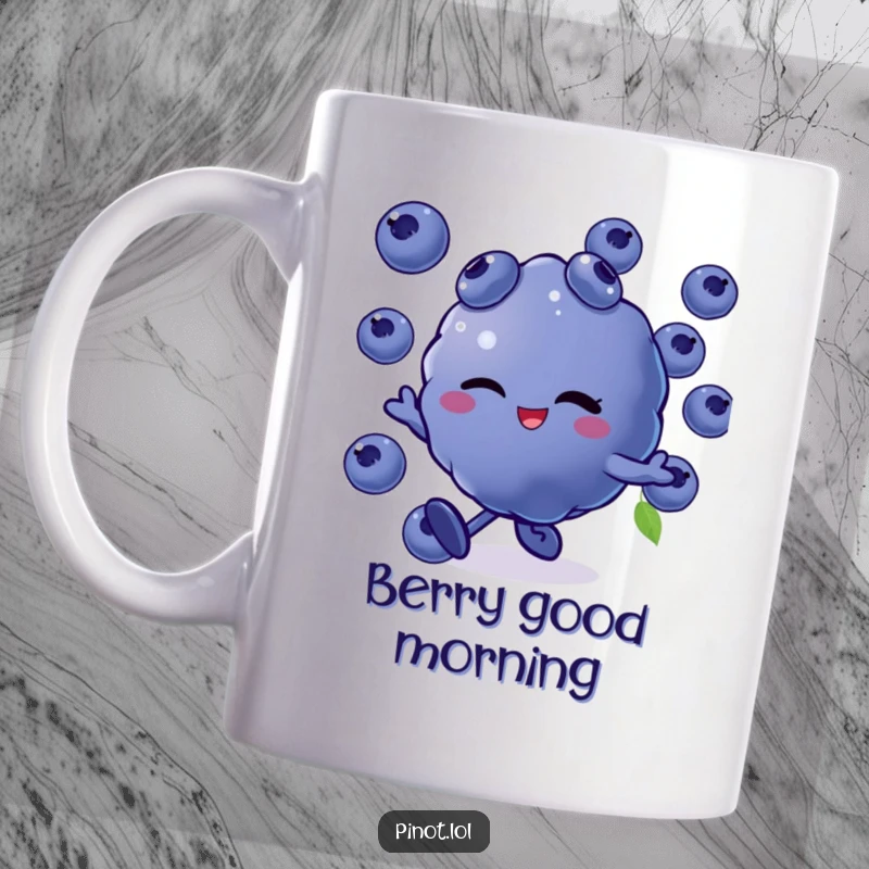 Funny mug showing a winking blueberry character with eyes and mouth, enthusiastically skipping along with a playful and mischievous expression.