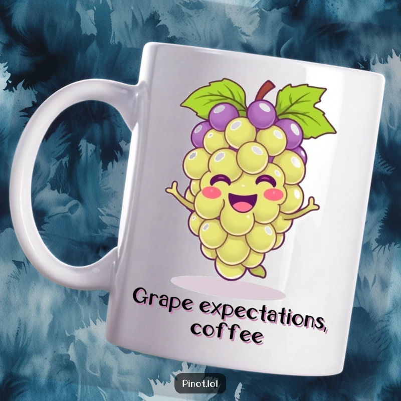 Funny kawaii grape character in a mug, joyfully hopping with a big smile, perfect for a humorous gift.
