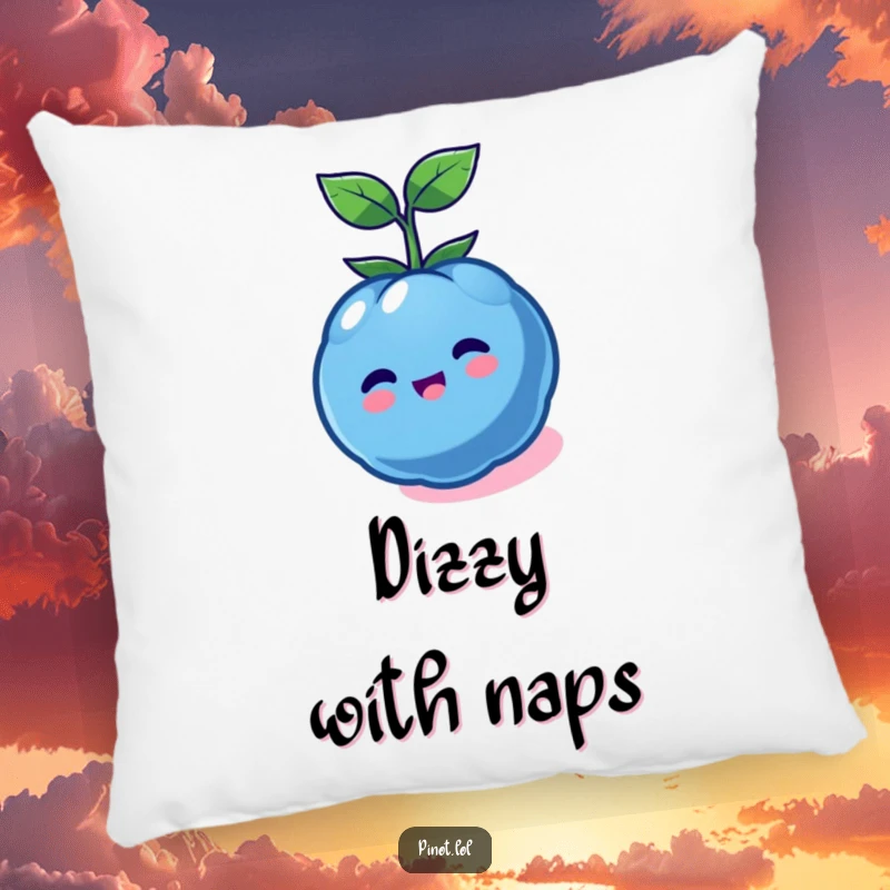 Funny kawaii blueberry character pillow, spinning happily, offering soft, humorous, and visually dynamic comfort.