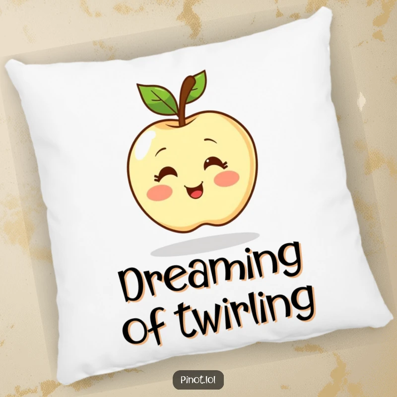 Funny pillow featuring a blushing apple character with simple eyes in an ecstatic spinning pose. Soft, comfy, and humorous.