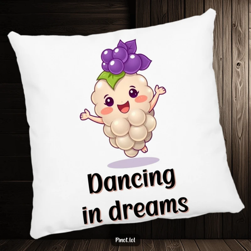 Funny pillow featuring a cheerful, plump grape character with tiny eyes, dancing with delight.