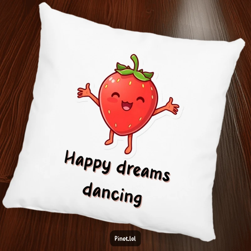 Funny pillow showcasing a cheesy strawberry character dancing with arms outstretched, offering plush comfort and a dose of fruity amusement.