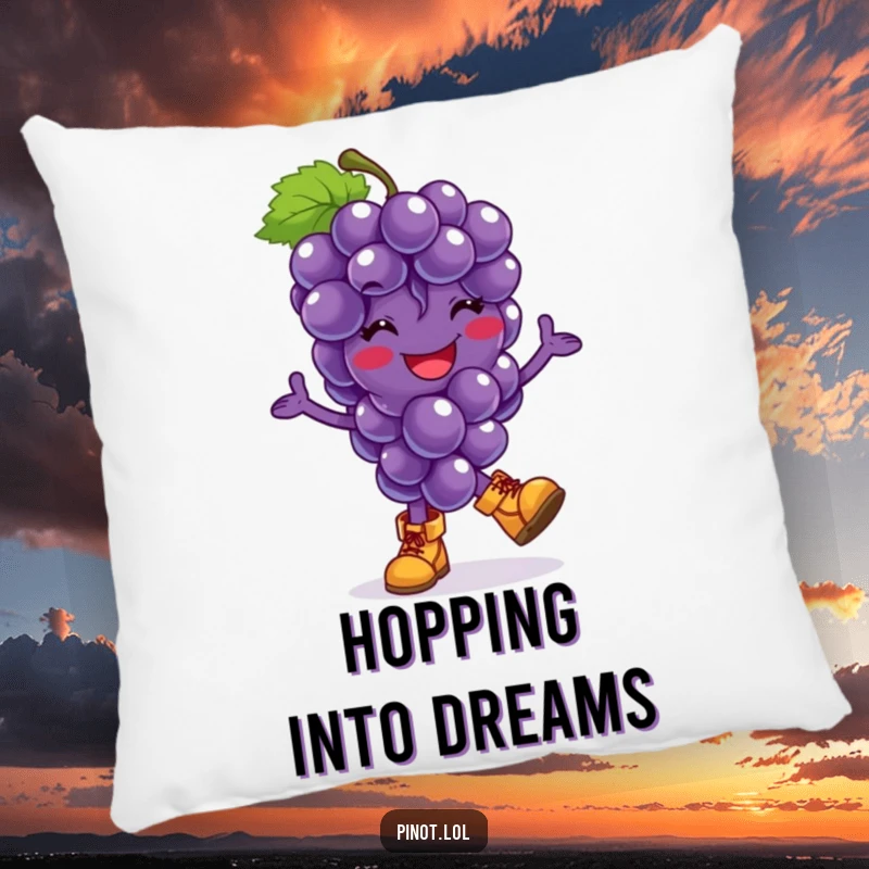 Funny pillow featuring a smiling grapes character in miniature boots, caught in a playful hop, offering comfort and a dash of fruit-inspired silliness.