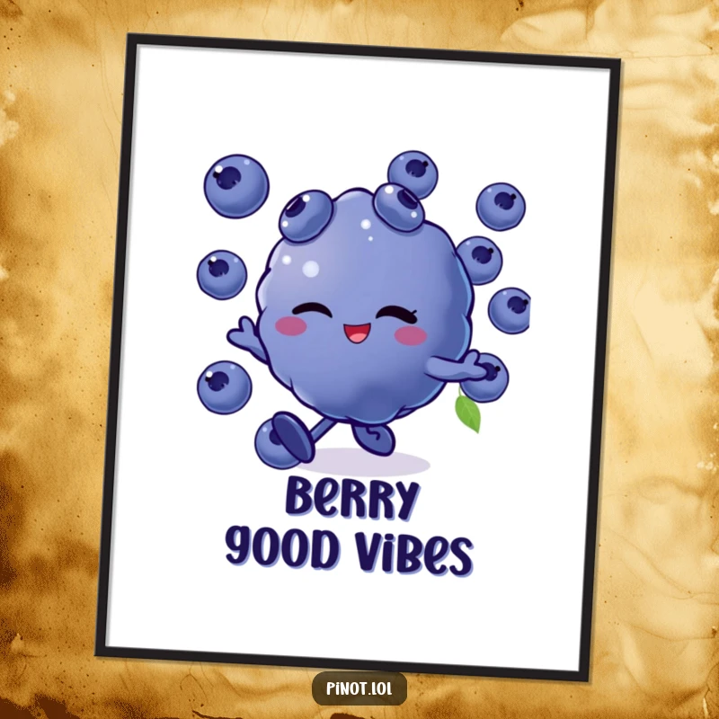 Funny digital art print of a winking blueberry character skipping with abandon, perfect for instant download to add playful charm.