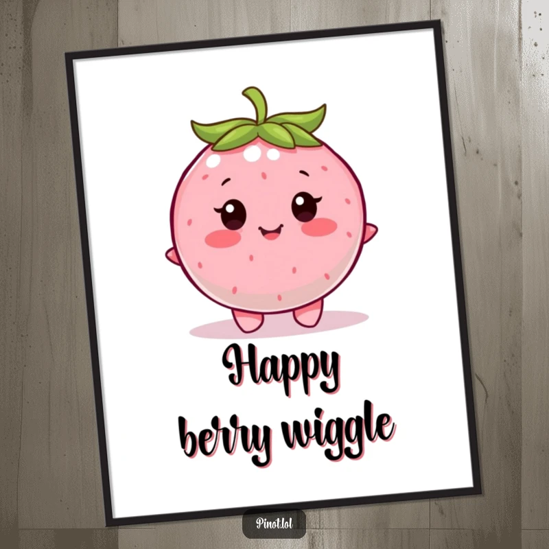 Funny digital art print of a contented, round berry character with little eyes, happily wiggling.