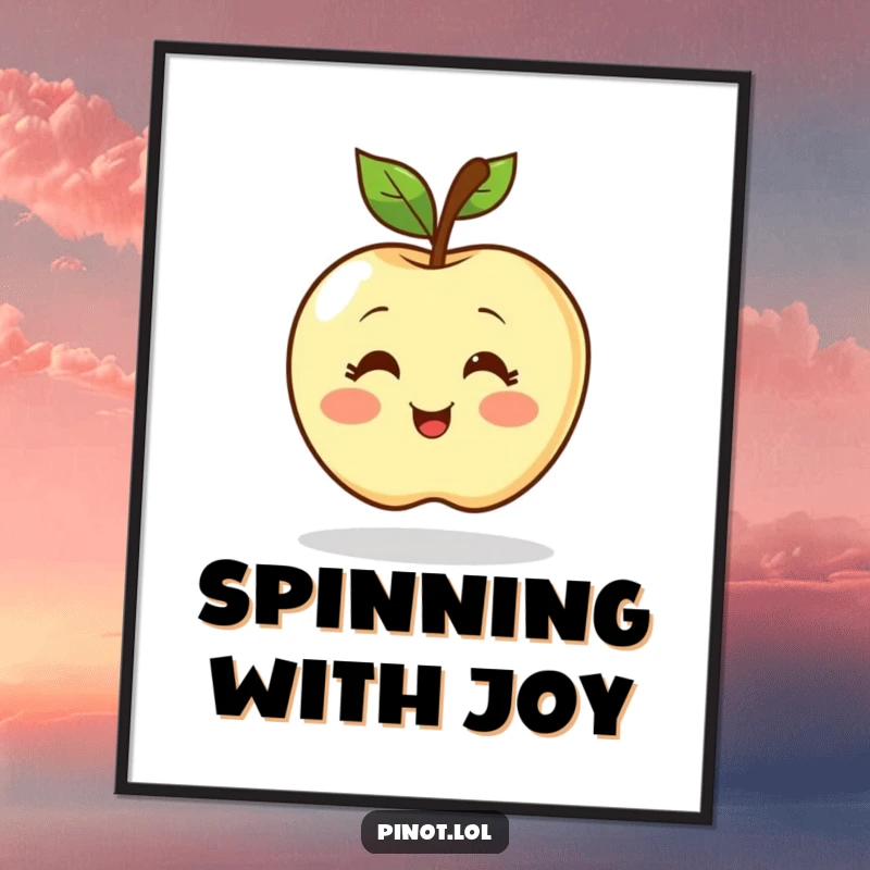 Funny digital art print of a blushing apple character with simple eyes, spinning ecstatically. High-resolution and humorous.
