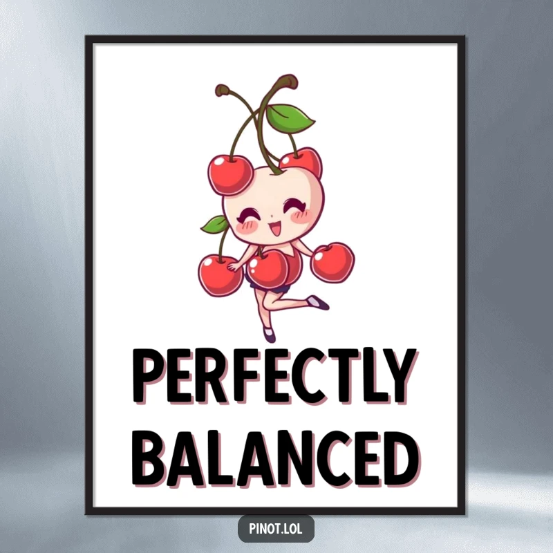 Funny digital art print of a giggling cherry pair character balancing with grace, perfect for instant download to add playful charm.