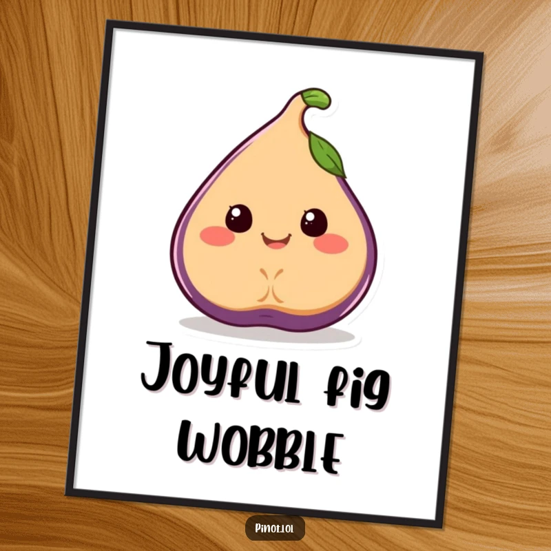 Funny digital art print of a smiling, juicy fig character with simple eyes, wobbling joyfully.