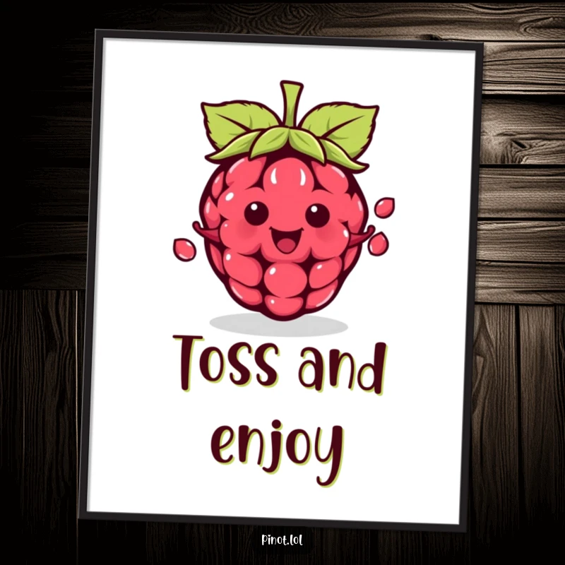 Funny kawaii raspberry character digital art print, juggling three tiny seeds with a happy expression, skillful humor.