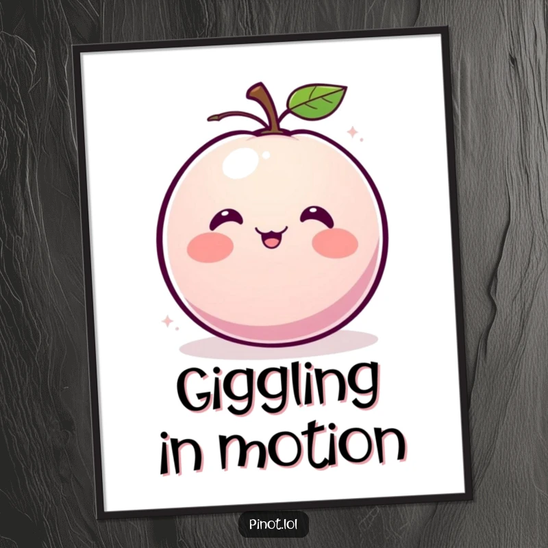 Funny digital art print of a blushing, round plum character with small eyes, giggling and spinning.