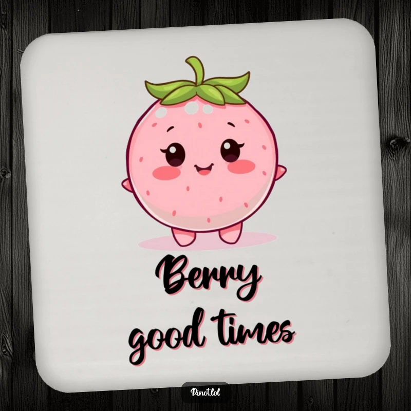 Funny drink coaster featuring a contented, round berry character with little eyes, happily wiggling.