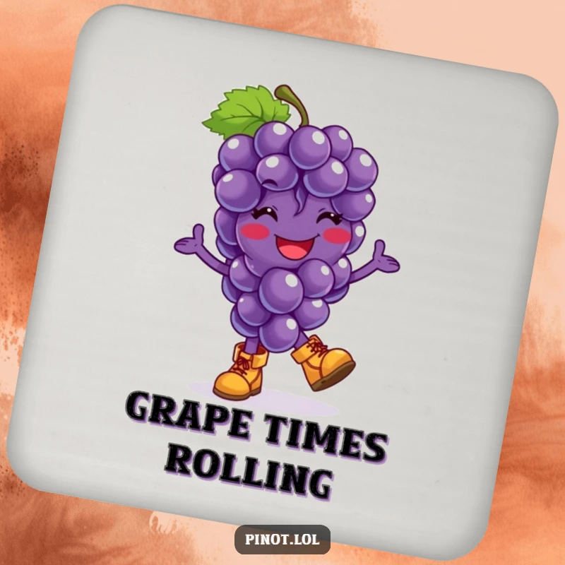 Funny drink coaster with a smiling grapes character in tiny boots, captured in a playful hop, protecting surfaces with fruity charm.