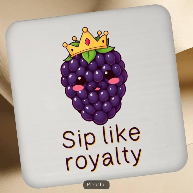 Funny kawaii blackberry character drink coasters, crowned and cheerful, offering royal protection with humor.