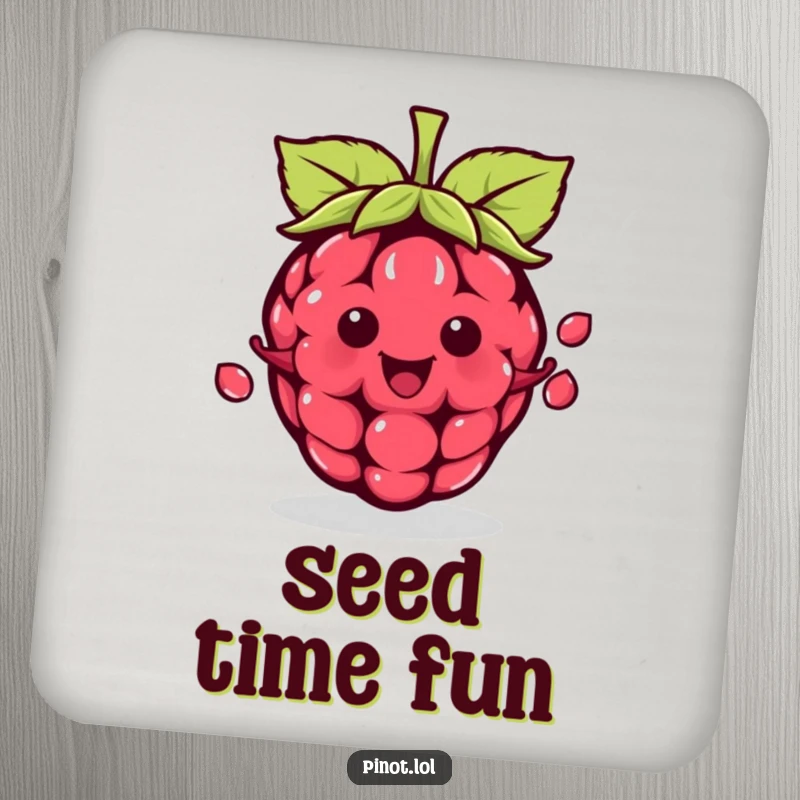 Funny kawaii raspberry character drink coasters, juggling seeds with expert precision, offering humorous surface protection.