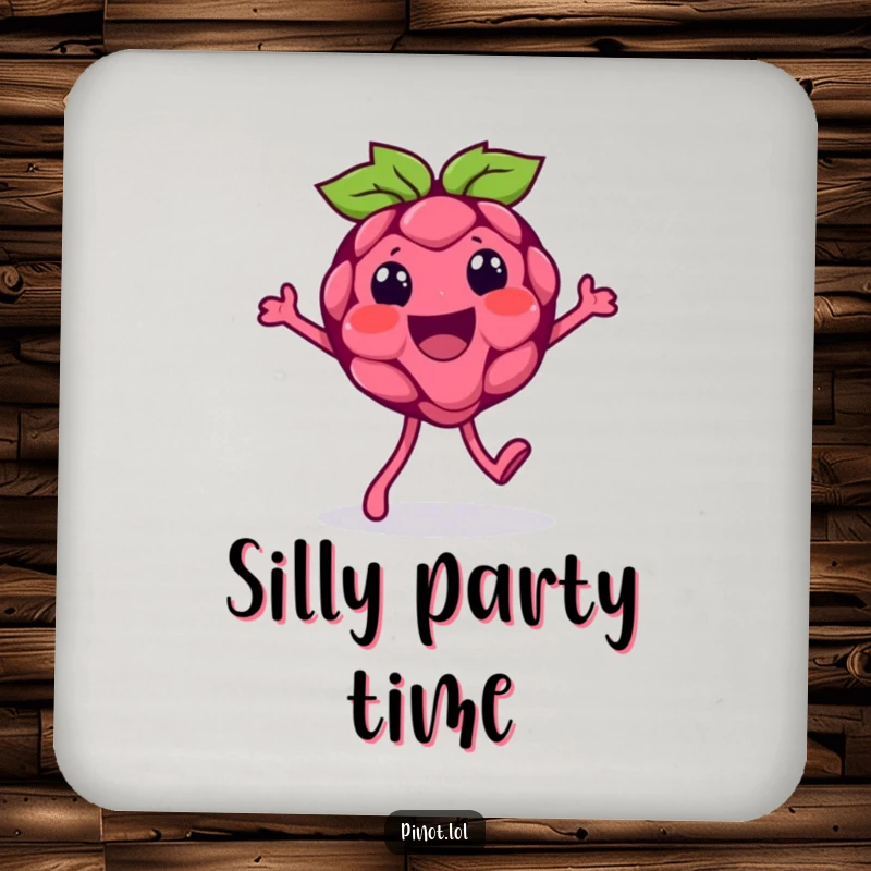 Funny drink coaster with a beaming raspberry character doing a silly walk, adding a cheerful and protective touch to your surfaces.