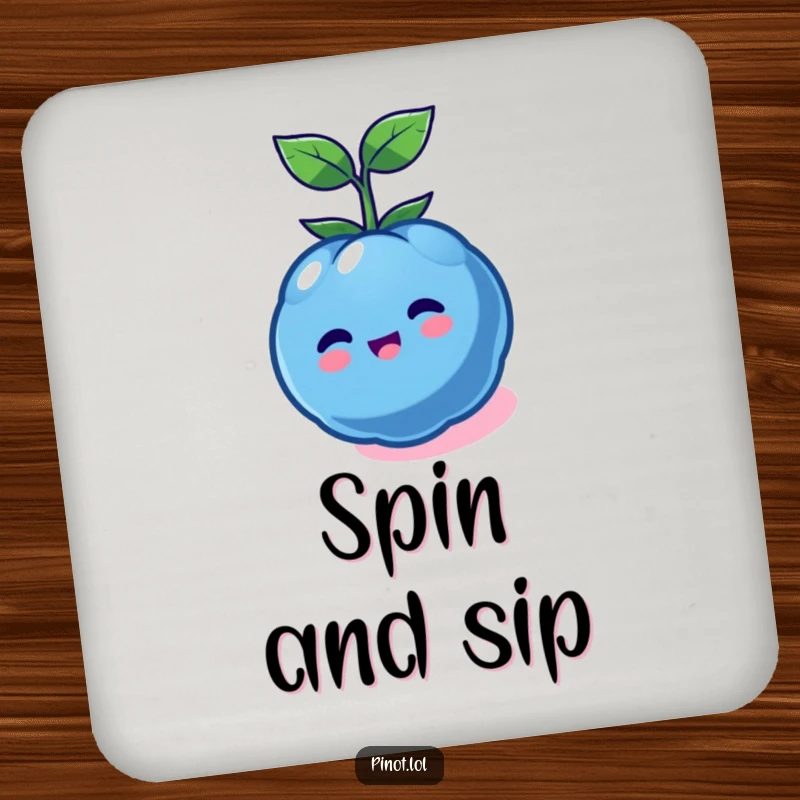 Funny kawaii blueberry character drink coasters, spinning cheerfully, offering humorous protection for surfaces.