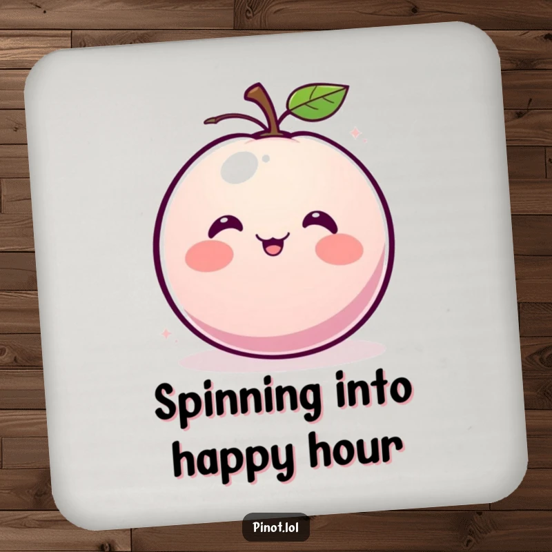 Funny drink coaster featuring a blushing, round plum character with small eyes, giggling and spinning.