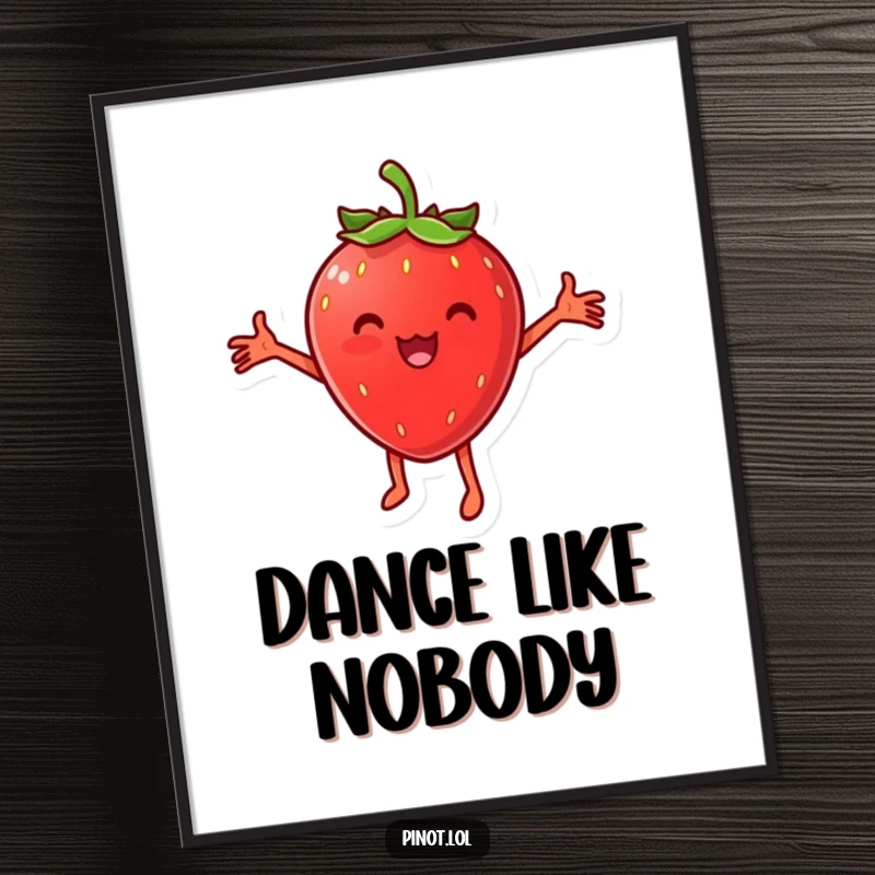Funny poster of a cheesy strawberry character dancing joyfully with arms outstretched, radiating pure happiness and vibrant energy.