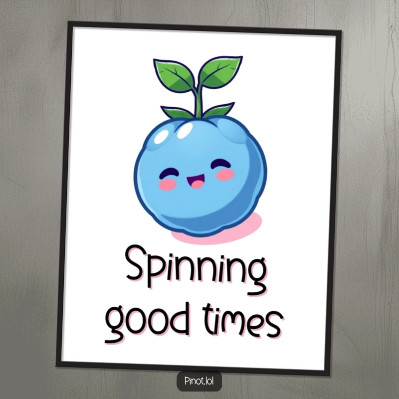 Funny kawaii blueberry character poster, spinning in a circle with joy, vibrant and humorous wall art.