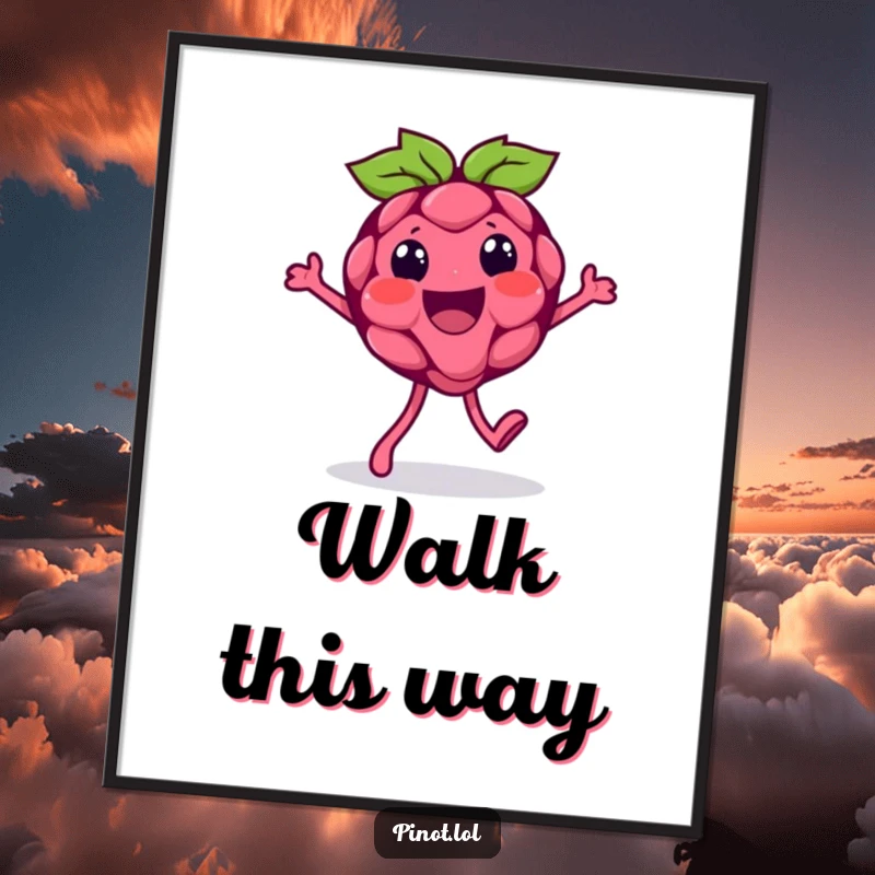 Funny poster of a beaming raspberry character with tiny feet, performing a comical silly walk, radiating pure joy and quirky energy.