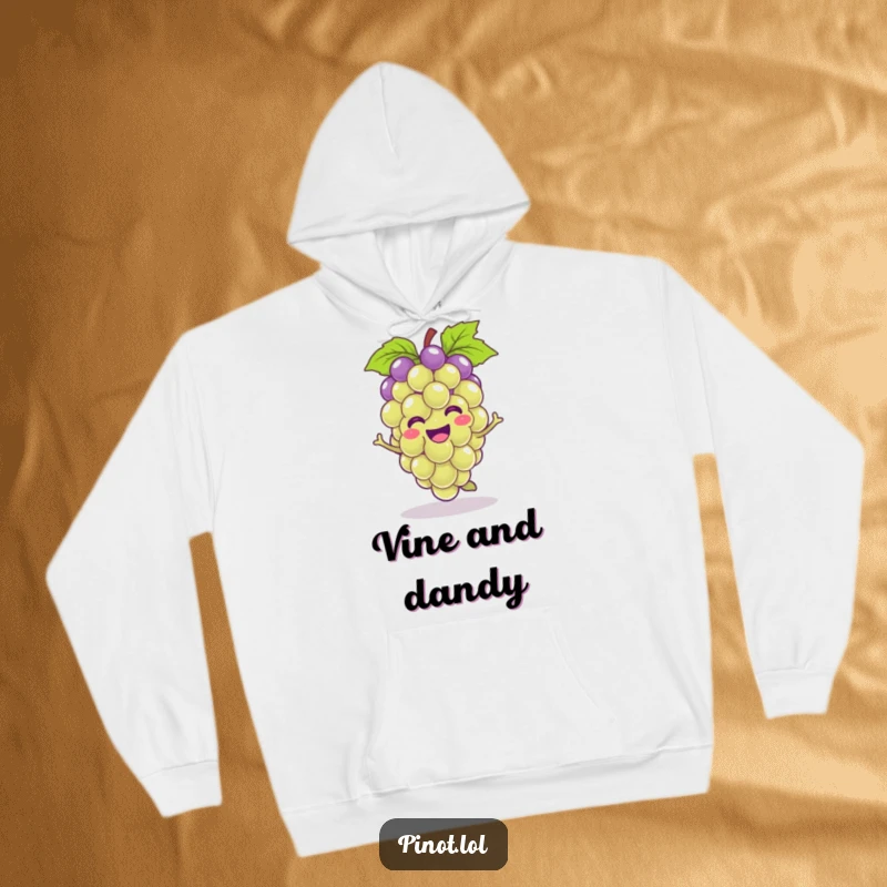 Funny kawaii grape character hoodie, smiling and hopping with glee, offering warm, humorous comfort as a gift.