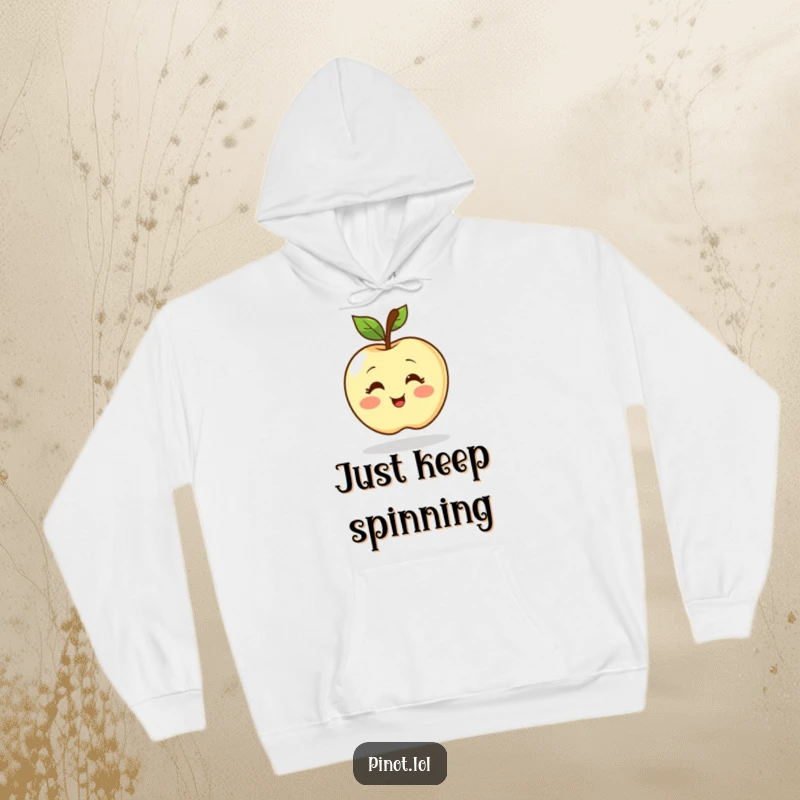 Funny hoodie featuring a blushing apple character with simple eyes, caught mid-spin with infectious excitement. Cozy and humorous apparel.