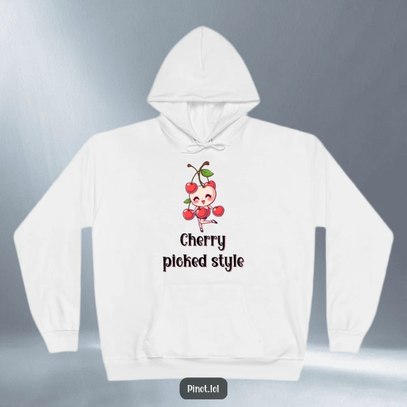 Funny hoodie featuring a giggling cherry pair character in a one-footed balance, exuding comfort and a playful, humorous vibe.