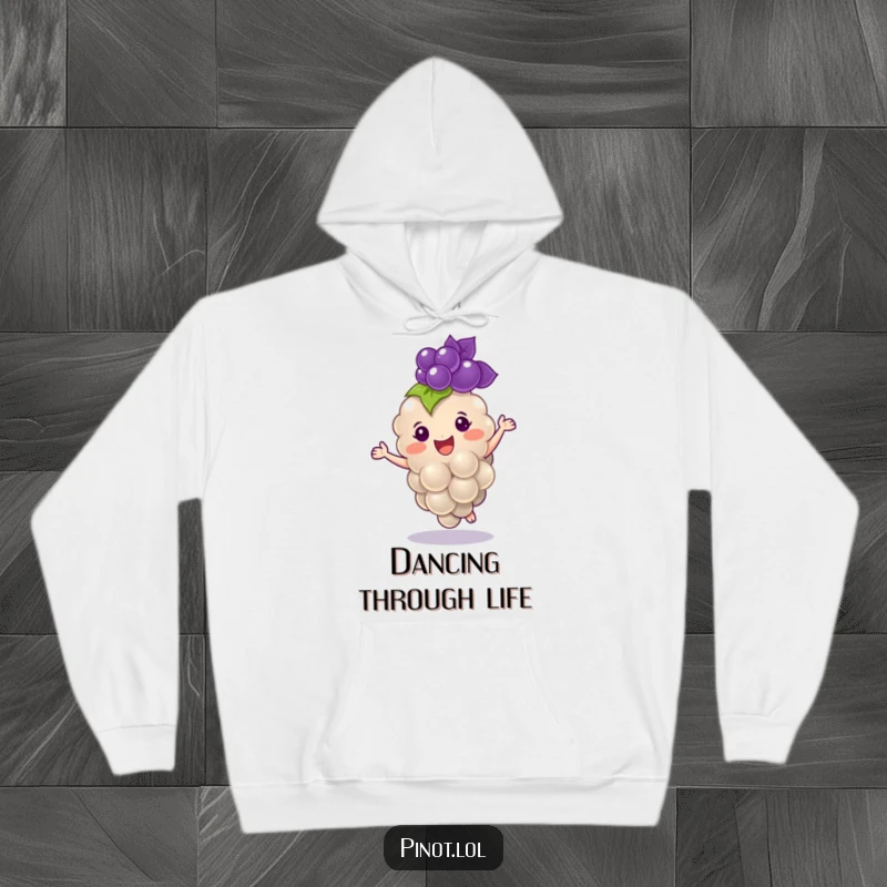 Funny hoodie featuring a cheerful, plump grape character with tiny eyes, caught mid-dance with delight.