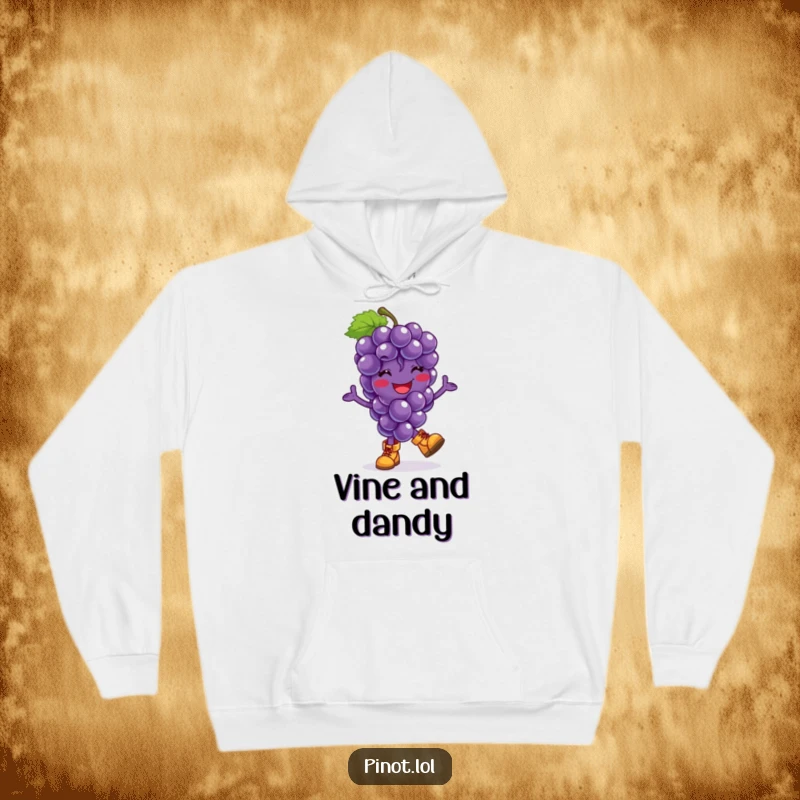 Funny hoodie depicting a smiling grapes character performing a joyful hop while sporting adorable tiny boots, exuding comfort and playful charm.