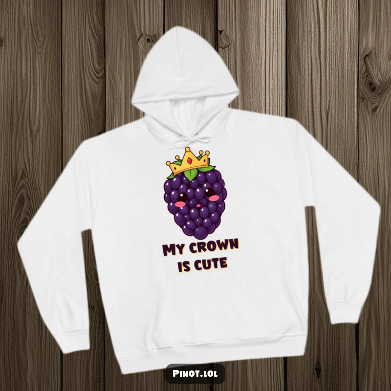 Funny kawaii blackberry character hoodie, royally crowned and smiling, offering warm and humorous comfort.