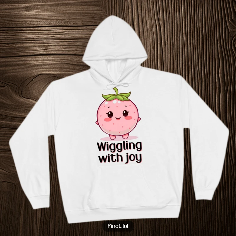 Funny hoodie featuring a contented, round berry character with little eyes, caught mid-wiggle with happiness.